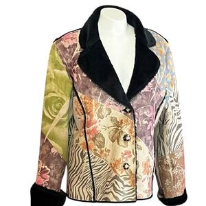 WEAVZ Patchwork Floral Zebra Print Faux Fur Lined Jacket Size L